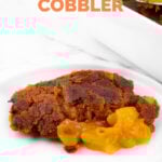 Photo of some vegan peach cobbler with a heading